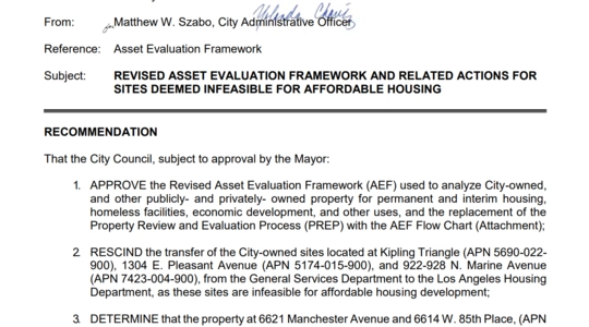 Screenshot of a report titles REVISED ASSET EVALUATION FRAMEWORK AND RELATED ACTIONS FOR SITES DEEMED INFEASIBLE FOR AFFORDABLE HOUSING