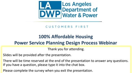Webinar cover slide with the LADWP logo and title Power Service Planning Design Process Webinar