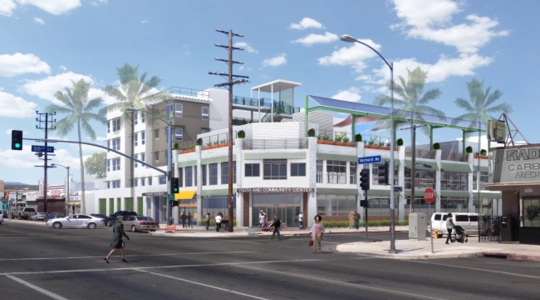 Architectural rendering of a mid-rise apartment building with above ground-floor retail space at the corner of 88th and Vermont in Los Angeles.