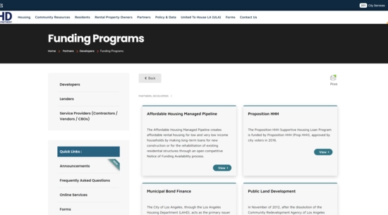 Screenshot of website with list of City of LA funding programs