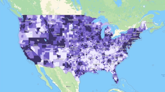 Map of the US with different shades of purple.