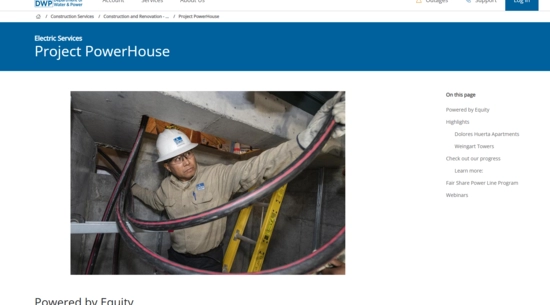 LADWP Project PowerHouse homepage displaying an employee installing electric service connection