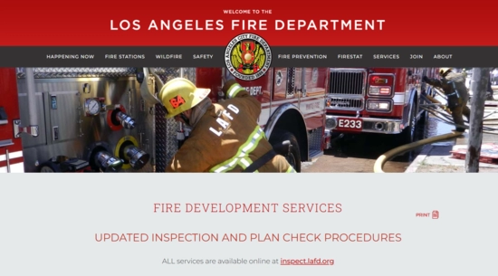 LAFD Development Service webpage with image of firefighters connecting hoses to fire engines