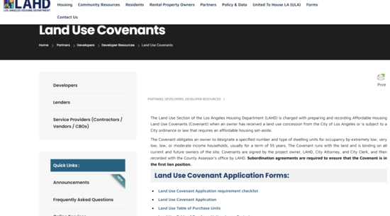 LAHD Land Use Covenants Landing Page