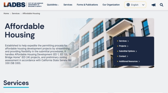 LADBS Affordable Housing Services Landing Page