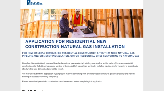 SoCal Gas Application for Residential New Construction Landing Page