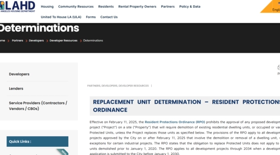 LAHD Replacement Unit Determination Landing Page for developers, lenders and service providers