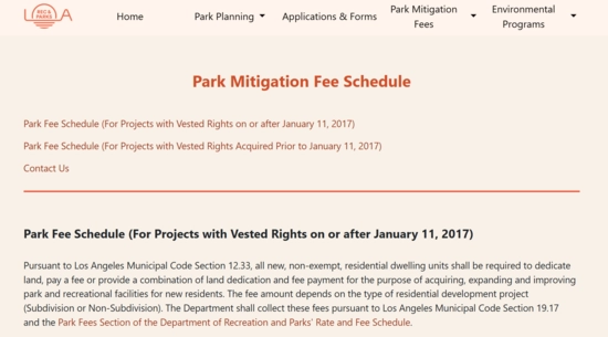Park Mitigation Fee (aka "Quimby Fee") Schedule