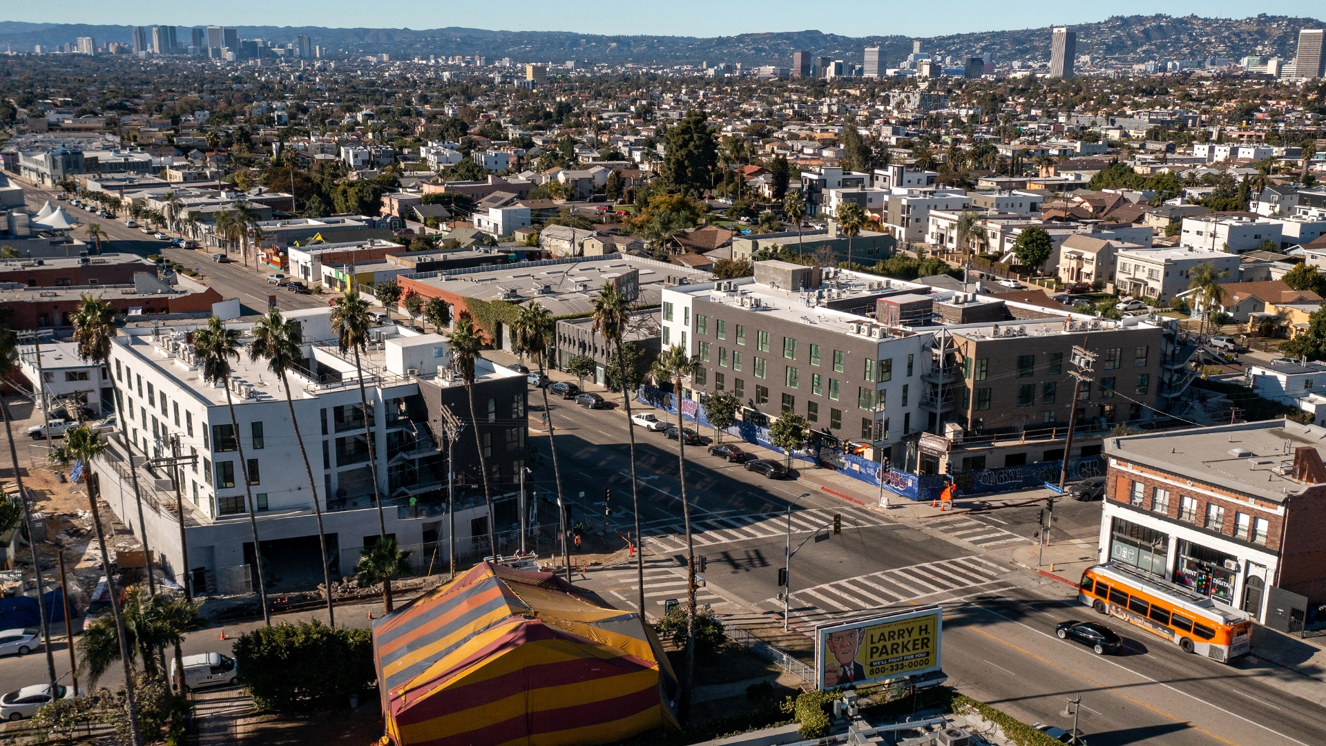 Low aerial view of Mid-City Los Angeles.