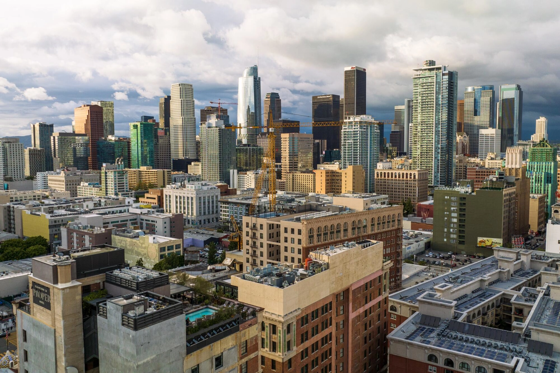 High aerial view of skyscrapers in Downtown Los Angeles.
