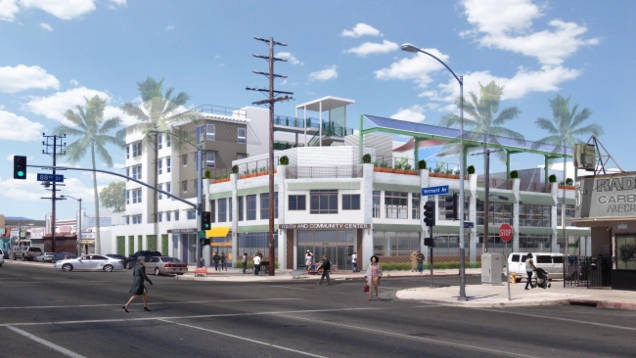 Architectural rendering of a mid-rise apartment building with above ground-floor retail space at the corner of 88th and Vermont in Los Angeles.